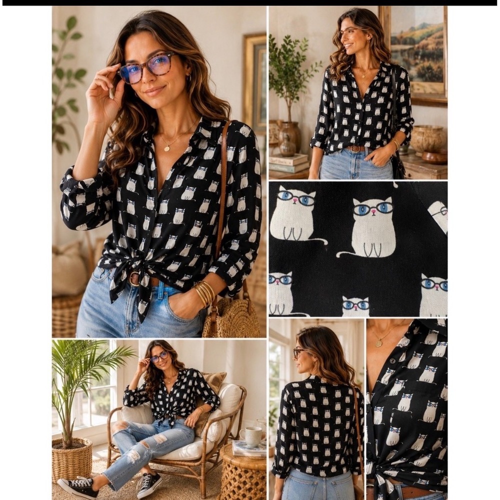 Love Notes Shirt Cat Print Rayon Tie Front Whimsical Blouse Black Large - Picture 1 of 5